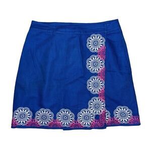 Boden Embroidered‎ Wrap Skirt Size 8 Linen Blend Embroidered Blue/Pink/White EUC